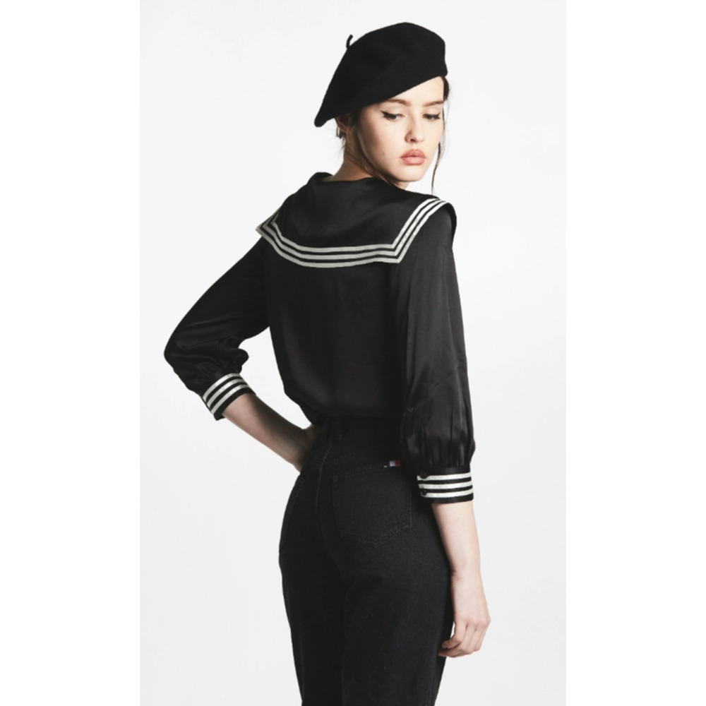Sailor Collar Black cotton blend White Schoolgirl Style Long Sleeve Top Lg EUC